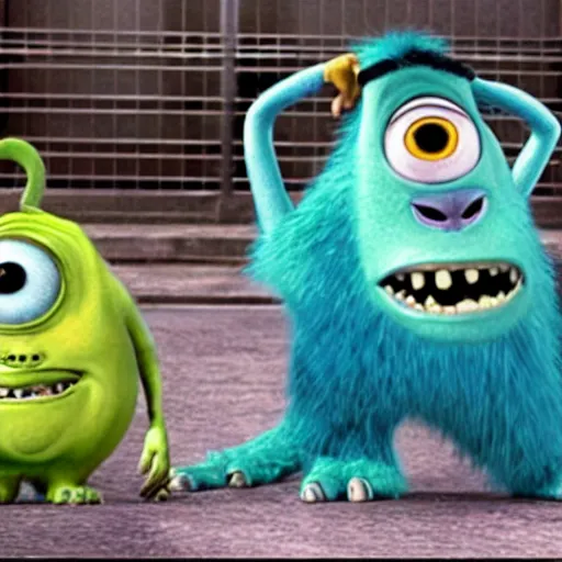 Prompt: movie still of monsters inc characters in a maximum security prison