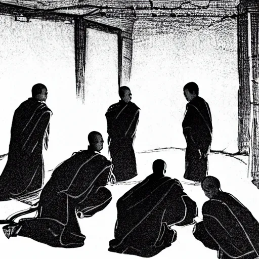 Image similar to 5 monks kneeling in a circle with wires coming out of the back of their heads connecting them to a computer in the center, dark shadowy surroundings, dystopian scifi, horror