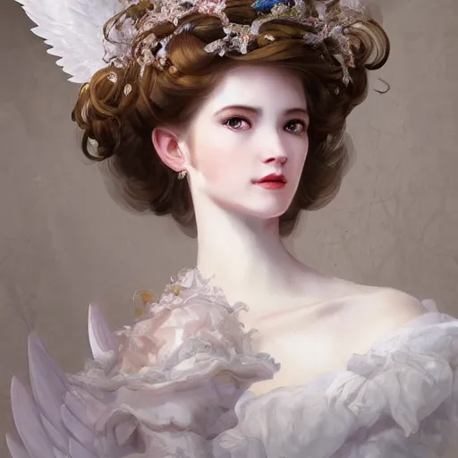 Prompt: A masterpiece portrait of a royal princess baroque rococo girl with tall white amazing victorian wig with angel wings. trending on artstation, digital art, by Stanley Artgerm Lau, WLOP, Rossdraws, James Jean, Andrei Riabovitchev, Marc Simonetti, Yoshitaka Amano