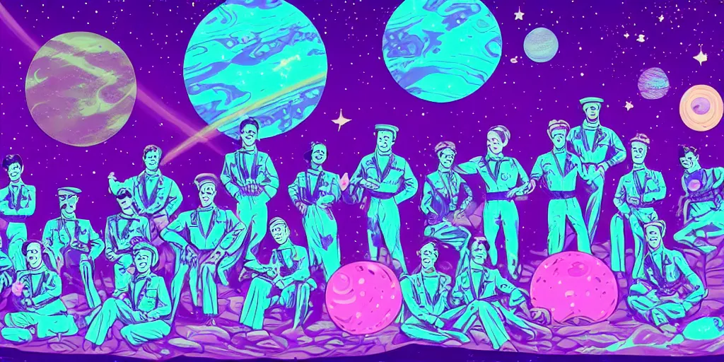 Image similar to twelve astronauts sitting by the river with a big holiday cake + psychedelic vegetation + purple, pink, blue + planets and stars + mystical fog, vintage sci - fi style of the 5 0 s, rule of the third!!!!, line graphics, 8 k, super detail, high quality