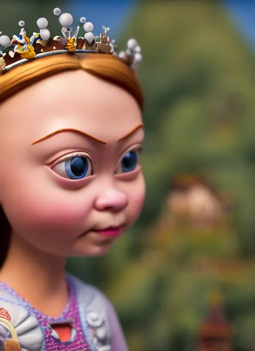 Image similar to highly detailed closeup, face profile portrait of greta thunberg as a tin toy fairytale princess wearing a crown eating cakes, bikini, unreal engine, nicoletta ceccoli, mark ryden, earl norem, lostfish, global illumination, detailed and intricate environment