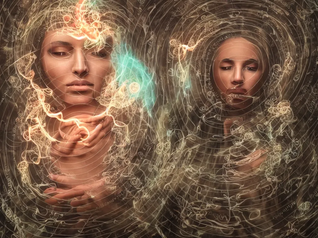 Image similar to an ancient mystical alluring female shaman meditating in a cybernetic robot temple generating flowing spiral energy and surrounded by wisps of incense smoke, face face face