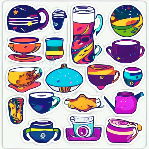 Image similar to stickers of colorful space bongs and coffee mugs, vector, graphic design