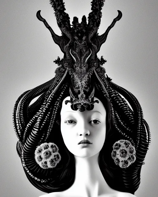 Image similar to dark background, a black and white high quality dreamy photo of a young beautiful female queen-dragon-vegetal-cyborg bust with a very long neck and delicate Mandelbrot fractal face, elegant, highly detailed, flesh highly baroque ornate, hair are curled wired cables, elegant, poetic, soft, dreamy, mysterious, high fashion, rim light, in the style of Ellen von Unwerth, Realistic, Refined, Digital Art, Highly Detailed, Cinematic Lighting, rim light, black and white, photo-realistic, 8K