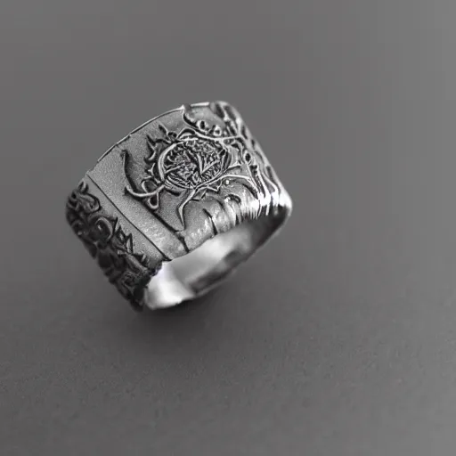 Image similar to the ring from lord if the rings with an imprinted ruler, cm scale imprinted on the inside of the ring, one ring to rule them all, highly detailed, 8 k, trending on artstation, mystic, rpg artwork