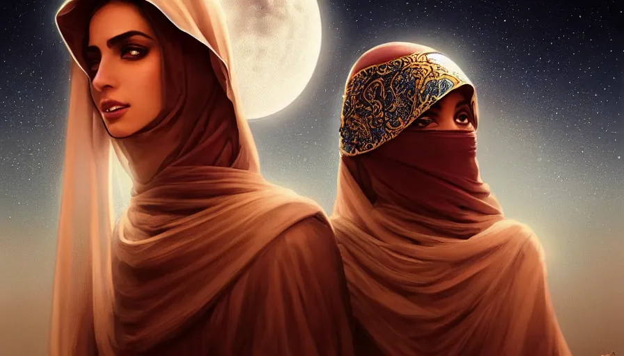 Image similar to Portrait of very very very very very very beautiful Arab woman wearing a Niqab, glowing magical eyes, energy trails, under giant full moon in the desert, intricate, elegant, highly detailed, digital painting, artstation, concept art, smooth, sharp focus, illustration, art by artgerm and greg rutkowski and alphonse mucha