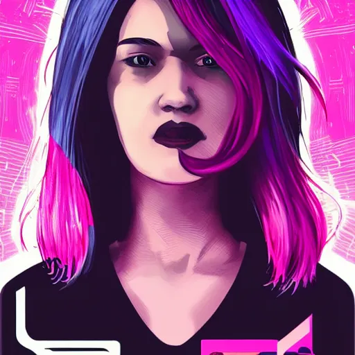 Image similar to poster artwork, sci fi, a female, full body, black hoodie techie, black hair with purple streaks, 8 k