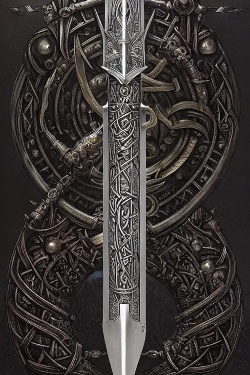 Image similar to masterpiece, medieval viking divine sword of power, shiny blade and stylized hilt, doom, elegant, majestic, epic, art by h. r. giger, greg rutkowski, josan gonzalez, alexey egorov, biomechanical, alchemy, monogram