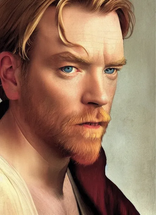 Image similar to Beautiful half body portrait of Ewan McGregor's Obi-Wan Kenobi, intricate, elegant, digital painting, ilustratiom, artwork by Vermeer and alphonse mucha