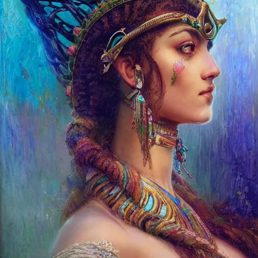 Image similar to artstation, intricate detail, hyper detail, portrait by gaston bussiere, tan skin, lady of elche, egyptian sumerian features, techno mystic goddess princess intergalactica inanna with aqua neon rapunzel dreadlocks,