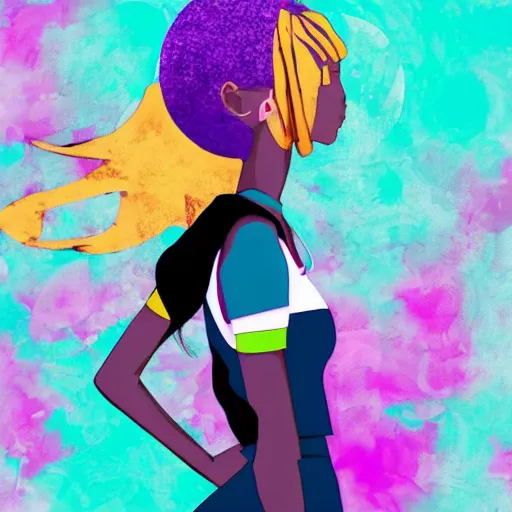 Prompt: a young black girl manga style , colorful clothing , skyline , ethereal