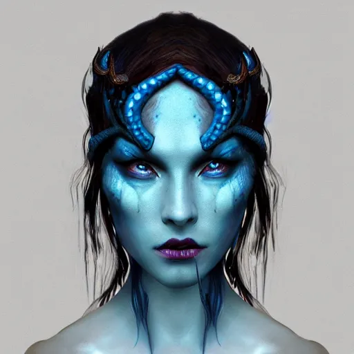 Image similar to dark queen of snakes, crown of snakes, blue skin, realism, dark fantasy, cgsociety, artstation