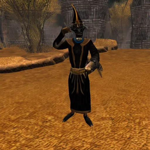 Prompt: an anthropomorphic black goat wizard in morrowind, screenshot