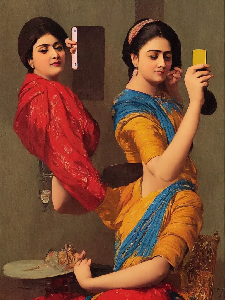 Prompt: a portrait of a lady using iphone and cliking selfie, painting by raja ravi verma