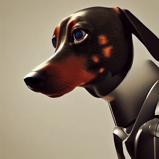 Prompt: profile photo of a robotic dachshund, 1980s art, Art Station, Trending on Artstation, cgsociety, Pinterest, concept art, cinematic, 8k, hyper detailed, ultra realistic, epic, high resolution, digital art, ultra high quality, sci fi, robot, sharp, 4k UHD, realistic, intricate,