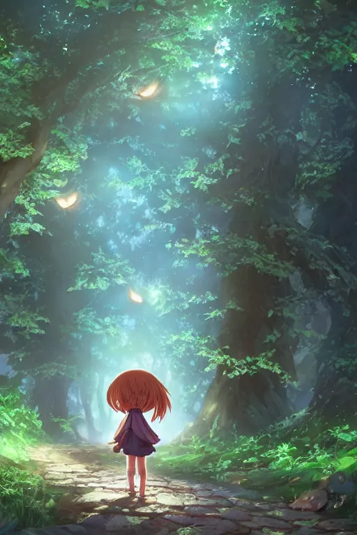 Image similar to forest path, fairy, beautiful ancient trees, hiding large treasure chest, glowing fireflies, serene evening atmosphere, soft lens, soft light, cel - shading, animation, in the style of cgsociety, deviantart, artstation, zbrush, cinema 4 d, studio ghibli, akihiko yoshida, atelier lulua, masamune shirow