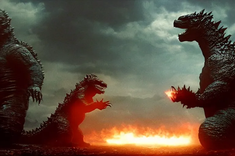 Image similar to two godzillas!!! sitting in the living room!!! couch!!! playing playstation in the couch, sitting with playstation controllers, playing videgames, in the living room, cinematic, epic lighting, still shot from the new godzilla movie