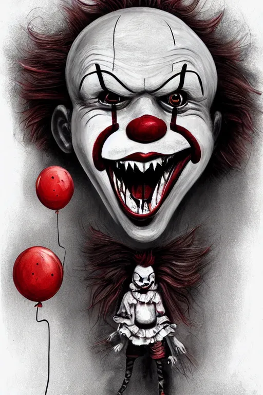 Image similar to surrealism grunge cartoon portrait sketch of Pennywise with a wide smile and a red balloon by - michael karcz, loony toons style, freddy krueger style, horror theme, detailed, elegant, intricate