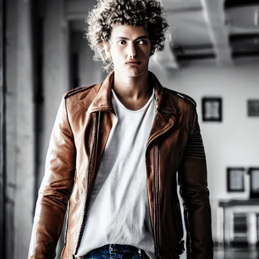 Prompt: a young man with a white shirt, brown leather jacket, ripped jeans, and curly hair inside of the backrooms, 4k realistic photo
