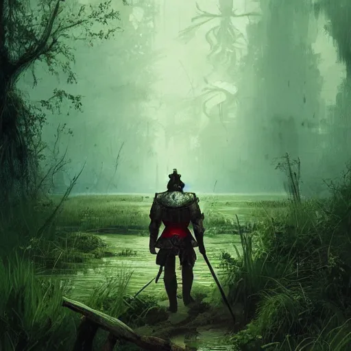 Image similar to A knight treking across a swamp with a caste in the background, green color scheme with hints of red, digital art, artstation, dramatic lighting, intricate, wild, highly detailed, digital painting, artstation, concept art, smooth, sharp focus, illustration, art by artgerm and greg rutkowski.