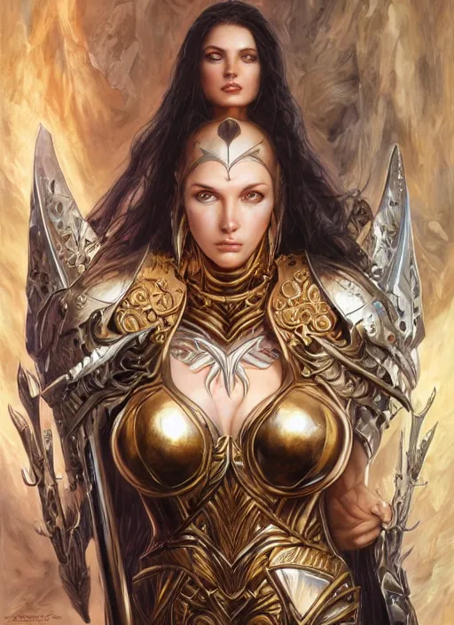 Prompt: a highly detailed symmetrical body shot and face of a evil female fantasy paladin sorceress with piercing beautiful eyes, art by artgerm and karol bak and mark brooks and donato giancola and bayard wu, oil painting, reallusion character creator, depth perception, elegant, intricate