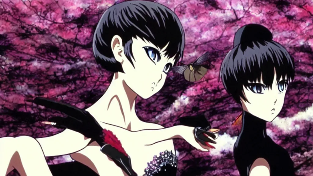 Image similar to black swan ( 2 0 1 0 ) as an anime film still from the an anime directed by katsuhiro otomo with art direction by salvador dali, wide lens