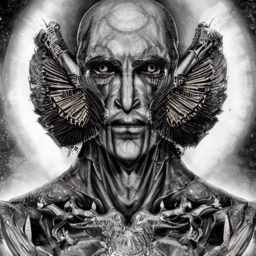 Image similar to 4K headshot portrait of godlike Astronomer with defined arms and open hands and bloody clothes with giant mandala wings , intricate face , flawless anime cel animation by Kentaro Miura, psychedelic , highly detailed upper body , professionally post-processed , beautiful, scary, symmetry accurate features, epic, octane rendered, anime masterpiece, accurate by Craig Mullins, ilya kuvshinov, krenz cushart, epic , artgerm trending on artstation by Edward Hopper and Dan Mumford and WLOP and Rutkovsky, beksinski carl spitzweg moebius and tuomas kocar, intricate artwork by caravaggio, Unreal Engine 5, Lumen, Nanite