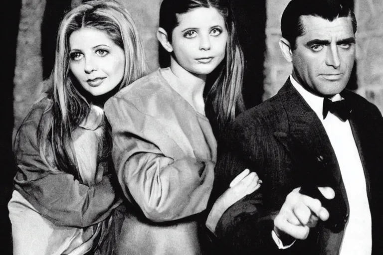 Image similar to cary grant as giles in buffy the vampire slayer, along side sarah michelle gellar 1 9 9 8