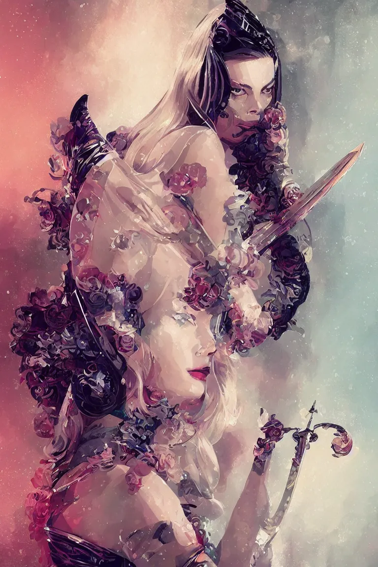 Prompt: a beautiful ultradetailed illustration of margot robbie as a geisha with a sword by Stephan Martinière, trending in artstation, portrait photo, bokeh, muted tones