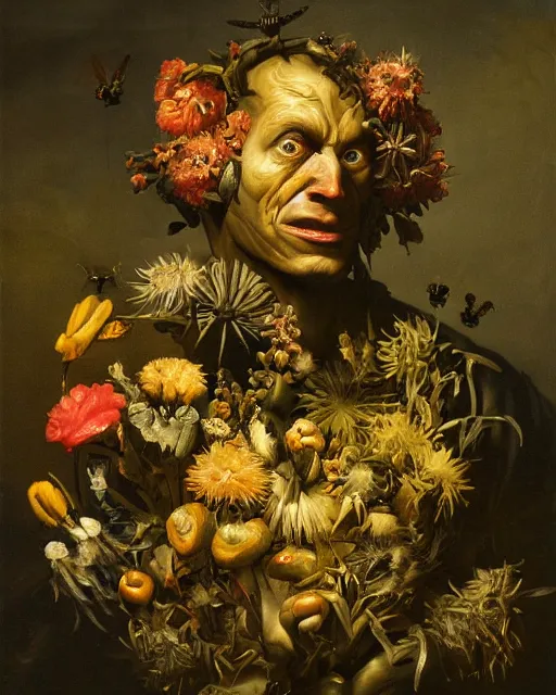 Image similar to oil painting portrait dark background of a mutant man with a strange disturbing face made of flowers and insects by otto marseus van schriek rachel ruysch christian rex van minnen dutch golden age dramatic lighting chiaroscuro