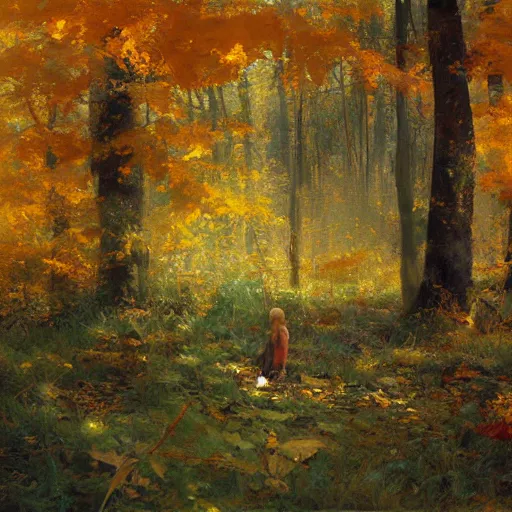 Prompt: when the leaves start to turn to the color of your hair, oil on canvas, forest in autumn, by craig mullins, elenore abbott