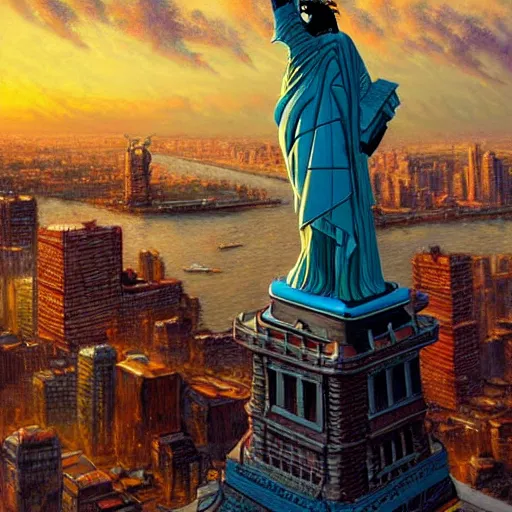 Prompt: a hyper realistic painting of a human with an eagle head, standing on the statue of liberty, watching the colorful city with highly detailed skyline, sunset, majestic, wonderful, fantasy, by Greg Rutkowski, Trending on Artstation, digital art