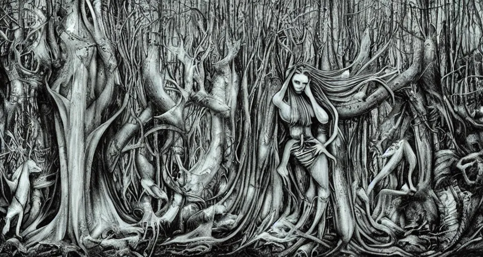 Image similar to Enchanted and magic forest, by HR Giger