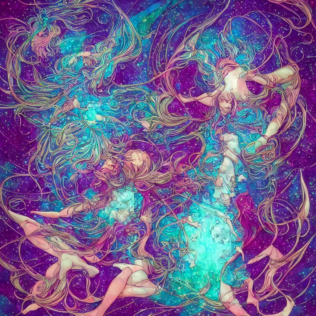 Prompt: in the holy ocean, kaleidoscope, psychedelic, cosmic energy by kelly mckernan, yoshitaka amano, hiroshi yoshida, moebius, artgerm, cool tone gothic colors, inspired by dnd, iridescent aesthetic