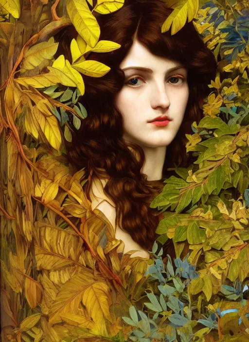 Image similar to masterpiece beautiful seductive flowing curves preraphaelite face portrait amongst leaves, extreme close up shot, straight bangs, thick set features, yellow ochre ornate medieval dress, raven, laying amongst foliage mushroom forest circle arch, frederic leighton and kilian eng and rosetti, 4 k