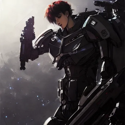 Image similar to armored, beautiful stars, cybernetic, sci-fi space game art, jeon Jungkook holding a gun. alien planet art by Akihito Yoshitomi AND Yoji Shinkawa AND Greg Rutkowski, Mark Arian trending on artstation