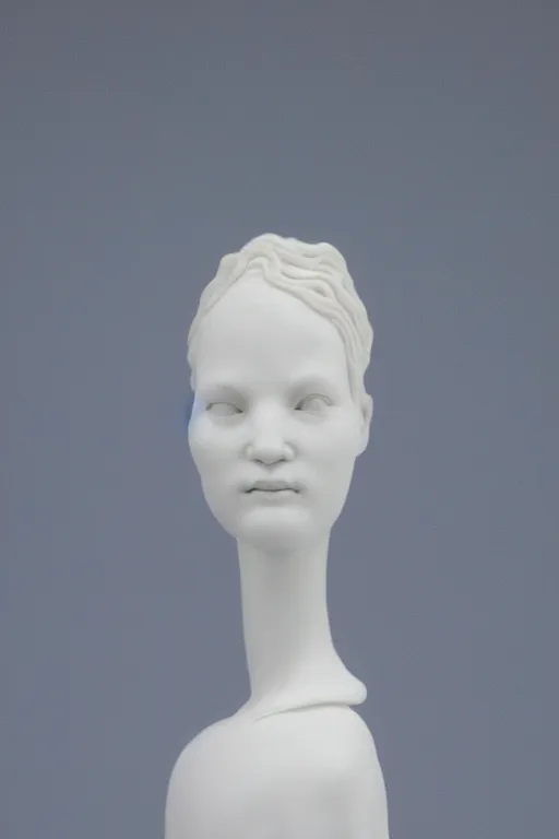 Prompt: full head and shoulders, beautiful female porcelain sculpture by daniel arsham and raoul marks, smooth, all white features on a white background, delicate facial features, white eyes, white lashes, detailed white, lots of real blue hair in a winding hairstyle on the head