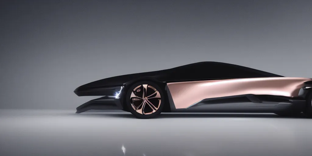 Image similar to a design of a futuristic vehicle, designed by Polestar, night thunderstorm lightning background, brushed rose gold car paint, black windows, dark show room, dramatic lighting, hyper realistic render, depth of field