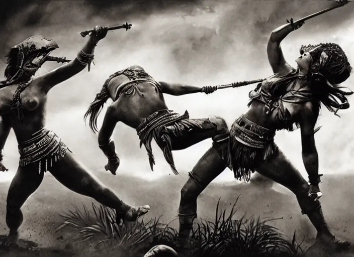 Prompt: movie, ancient Battlefield, beautiful aztec warrior females fight in air, epic, vintage, black and white, Boris vallejo, sepia, apocalypto
