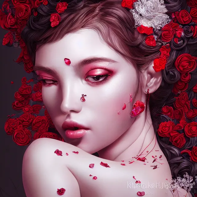 Image similar to studio portrait of an absurdly beautiful, elegant, young hypercolorful sensual gravure idol rubies and red petals, ultrafine hyperrealistic detailed face illustration by kim jung gi, irakli nadar, intricate linework, sharp focus, bright colors, matte, octopath traveler, final fantasy, unreal engine highly rendered, global illumination, radiant light, intricate environment