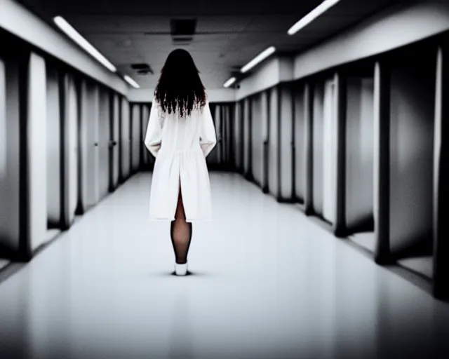 Image similar to creepy woman wearing white dress standing in the backrooms, psychological horror, the eerie forlorn atmosphere of a place that's usually bustling with people but is now abandoned and quiet, buzzing fluorescent lights above the ceiling, unsettling images, liminal space, dark