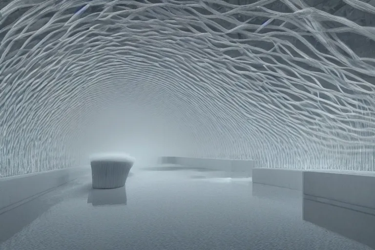 Image similar to tarkovsky stalker greatest scene, refik anadol led screen render, interior neo futuristic ultra white and clean mycelium architecture, stranded natural hemp ropes, biennale architecture installation, bioremediation, + unreal engine 5 + realistic render