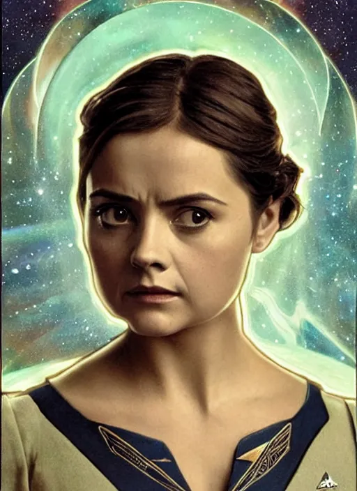 Image similar to jenna coleman as a star trek captain, a still from star trek painted by alphonse mucha. clear highly detailed face, beautiful sci fi art