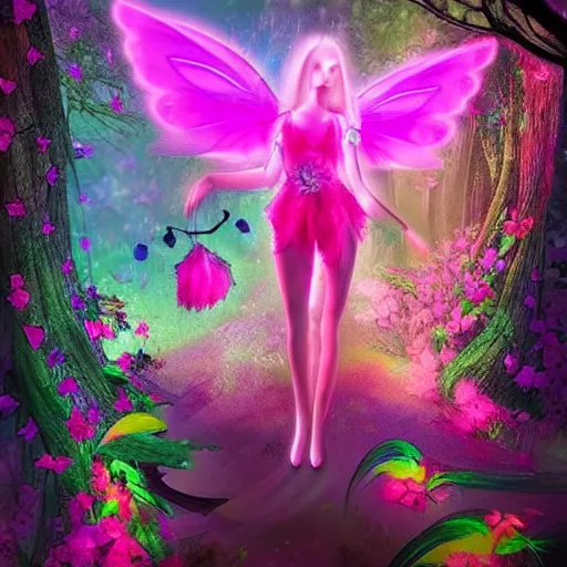 Image similar to neon fairy princess clothing store in a woodland grove, neon wings beautiful colorful pretty artistic 4 k artstation trending dramatic lighting realistic floral garden blooming flowers