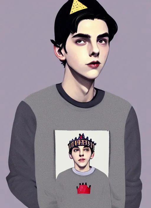 Image similar to portrait of teenage jughead jones wearing a light grey crown, photorealistic, crown, sweater with letter s on it, hamburger, eyes closed, crown, black hair, intricate, elegant, glowing lights, highly detailed, digital painting, artstation, concept art, smooth, sharp focus, illustration, art by wlop, mars ravelo and greg rutkowski