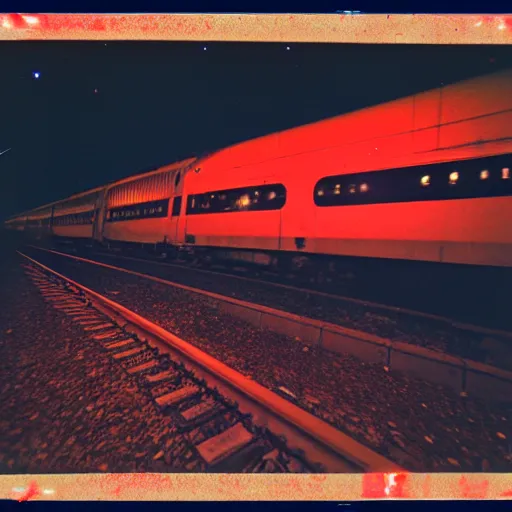 Prompt: Vintage analog poloroid of amtrak train entering Chicago at midnight, shooting stars, full moon, warm azure tones, red color bleed, film grain, beautiful, brilliant