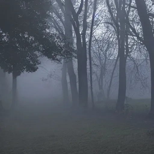 Image similar to poor neighborhood, overgrown, photo taken from a porch, fog rolling along the ground, ethereal, police lights shining off camera