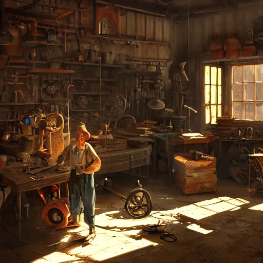 Prompt: A dusty toymaker’s workshop lit by a large glowing window, volumetric atmosphere with dramatic sunlight and shadows, Dean Morrissey and Craig Mullins photo illustration, highly detailed, 8k resolution, hyperrealistic, Maya render.