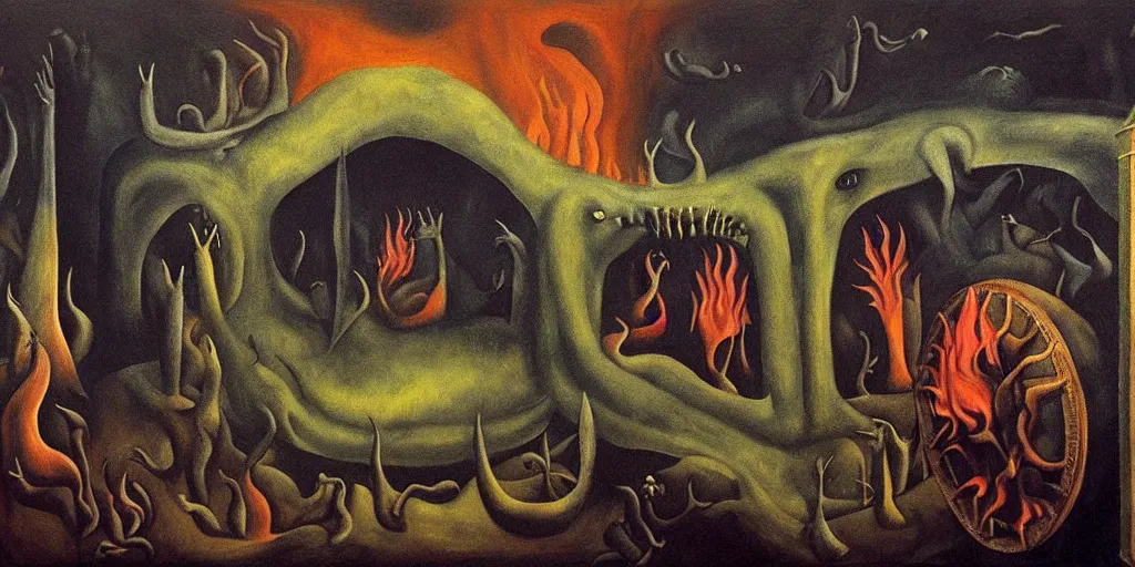 Image similar to trapped on a hedonic treadmill, dark uncanny surreal painting by leonora carrington, dramatic lighting from fire glow, mouth of hell, ixions wheel