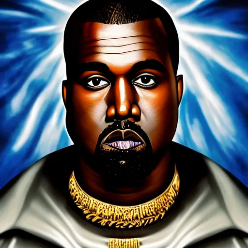 Image similar to Portrait of Kanye West as the god-emperor of mankind, amazing splashscreen artwork, splash art, natural light, elegant, intricate, fantasy, atmospheric lighting, cinematic, matte painting